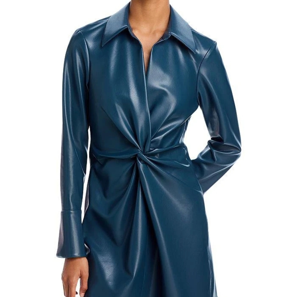 Cinq à Sept Mckenna Faux Leather Mini Dress – Blue, Size 0 | Chic Twist-Front - Picture 6 of 10